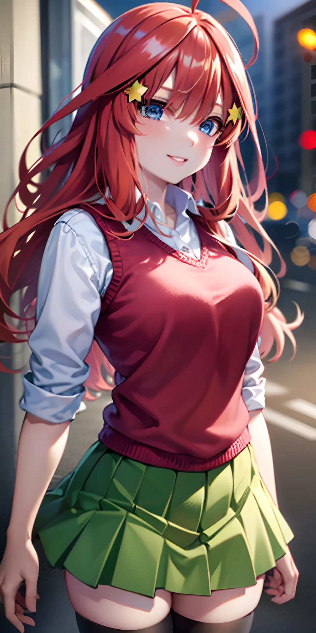ultra-detailed, Best Quality, Anime, Highly detailed,extremely detailed CG, unity 8k wallpaper , super detailed skin, detailed , dynamic lighting , beautiful detailed eyes, Cowboy Shot, Itsuki Nakano, Red hair, Long hair, Star hair ornament, Ahoge, Red Sweater, Collared shirt, Green skirt, very short miniskirt, medium breasts, Standing, School, Outdoors, best smile, skirt lift by yourself,pigeon-toed, showing panties, floating hair, wind,