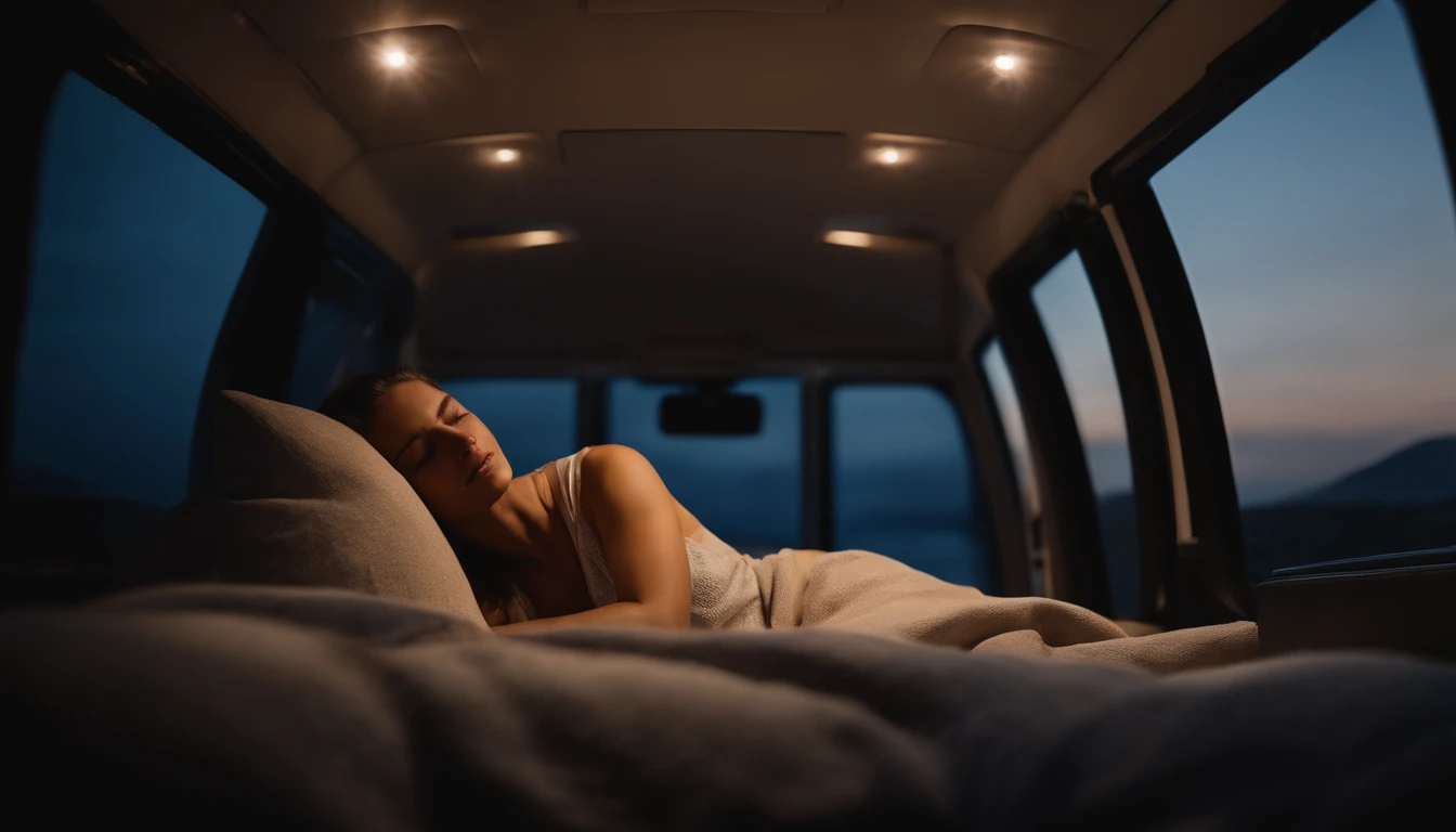 Minibus interior, woman sleeping in a cozy bed, woman sleeping in the interior of a minibus, pillows, blanket, large windows, transparent ceiling, night, dramatic light, late night, chiaroscuro, ray tracing, reflection light, backlighting, bloom, 8k, super detail, ccurate, best quality, super detail, anatomically correct, super detail, super detail, high quality, anatomically correct, super detail, high details, high quality, highres, woman sleeping