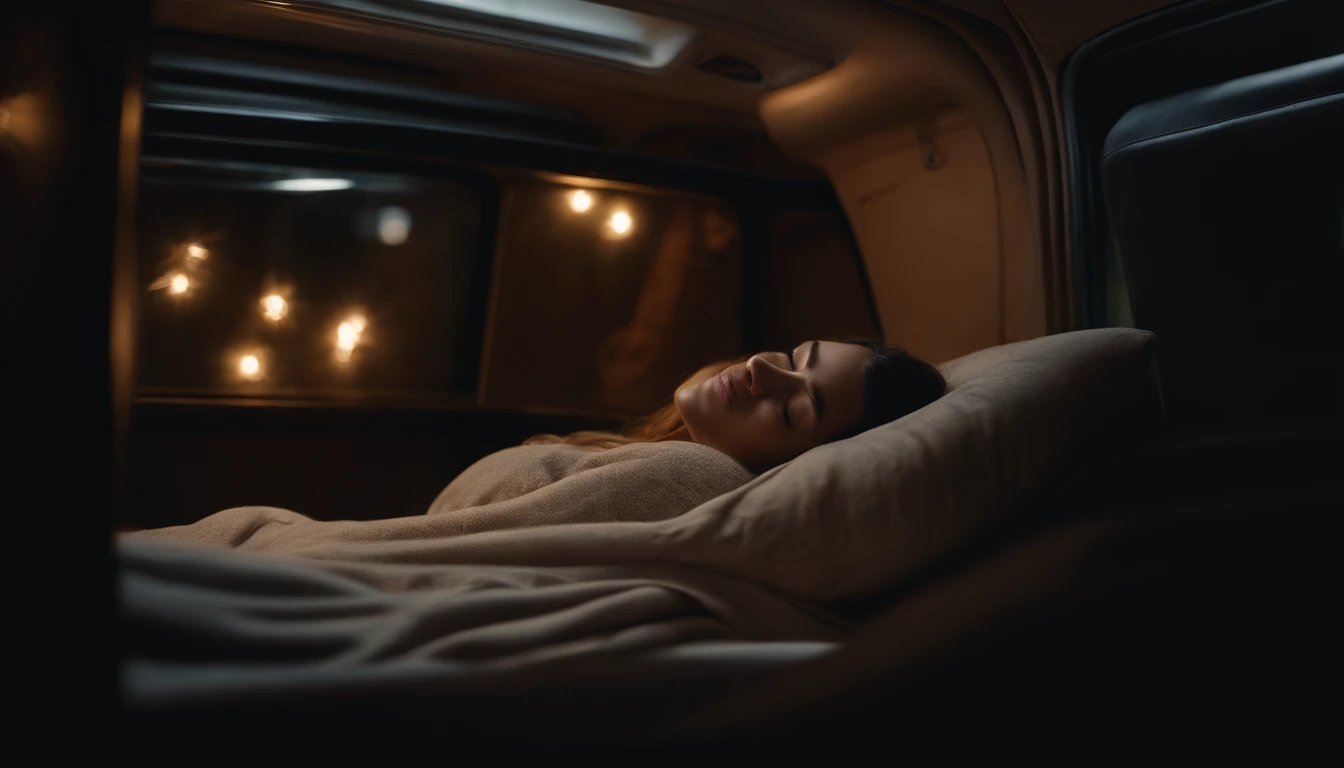 Minibus interior, woman sleeping in a cozy bed, woman sleeping in the interior of a minibus, pillows, blanket, large windows, transparent ceiling, night, dramatic light, late night, chiaroscuro, ray tracing, reflection light, backlighting, bloom, 8k, super detail, ccurate, best quality, super detail, anatomically correct, super detail, super detail, high quality, anatomically correct, super detail, high details, high quality, highres, woman sleeping