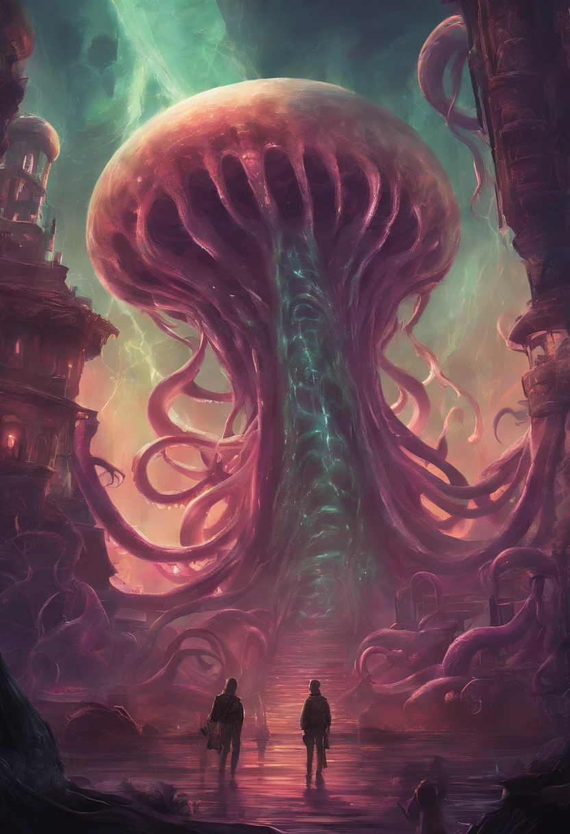 A painting of two people standing in front of a giant octopus - SeaArt AI