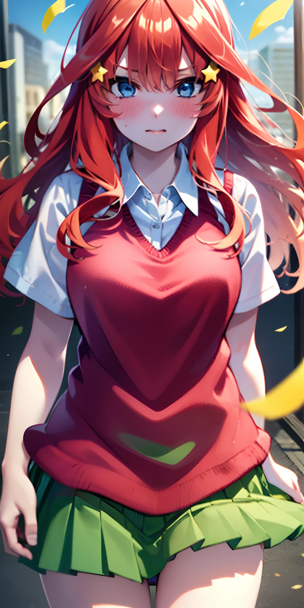 ultra-detailed, Best Quality, Anime, Highly detailed, extremely detailed CG, unity 8k wallpaper , super detailed skin, detailed , dynamic lighting , beautiful detailed eyes, Cowboy Shot, Itsuki Nakano, Red hair, Long hair, Star hair ornament, Ahoge, Red Sweater, Collared shirt, Green skirt, very short pleated miniskirt, medium breasts, Standing, School, Outdoors, embarrassed, blush,skirt lift by yourself,pigeon-toed, showing panties, floating hair, wind,