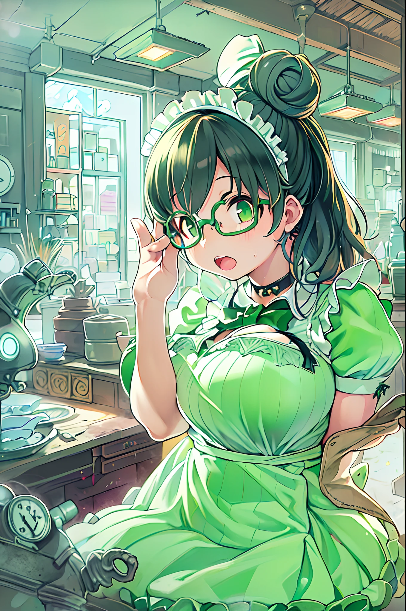 hight resolution, Sharp Focus, Pixiv masterpiece, ((Intricate details)), Highly detailed, Yuri Alpha, 1girl in, Black hair, (Green wristband, Green Gauntlet, spikes,:1.1) Glasses, Green eyes, maid, Single hair bun, Dress, Choker, bowtie, maid apronl,
