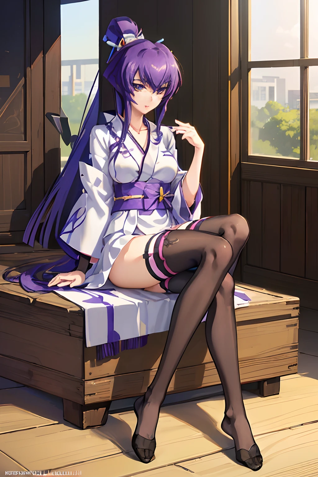 (((Koubuin Yuuhi))), ((Muv Luv)), (kimono), (pefrect eyes), (anime girl), ((stockings)), (no shoes), (beautiful), (Detailed Feet), (Ultra Real), (Illustration), (High Resolution), (8K), (Very Detailed), (Best Illustration), (Beautiful Detailed Eyes), (Best Quality), (Super Detailed), (Masterpiece), (Detailed Face), Solo,