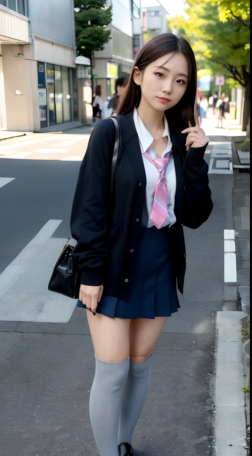 mix4, (16 K, Raw photography, Top image quality, ​masterpiece: 1.45), (realisitic, Photorealsitic: 1.37), one girls, 7．5, etc，cute little, A city scape,, profetional lighting, photon maping, Downtown Shibuya, physically-based renderingt, Gradient dark brown hair,pony tail hairstyle, a handsome, Well-groomed and beautiful eyes、二重まぶた、girl with, (((School Uniform Blazer、Long sleeve shirt worn by Japan high school girl、Cardigan、neck tie、Dark blue mini skirt,、Dark blue knee-high socks、Black loafers))), Top Quality Photos, hight resolution, 1080p, (clearface), (Detailed face description), (Detailed hand description), (​masterpiece), (Exquisite CG)、extreme light and shadows、dishevled hair、master work、abundant detail、(Fine facial features)、(top quality photo)、(masuter piece)、(A detailed eye)、Look in front of you、Fine clavicle、((Slender big))、(((Japan schoolgirl wears a long-sleeved shirt)))、((Neat and clean idol))、((Gingko tree-lined shopping street))、(Shooting from random perspectives)、(((Anyway cute)))、耳Nipple Ring、A big smile、Drawing the whole body from the knees、Do not draw nasolabial folds、(((Sports bags used by Japan schoolgirls)))、(Big breasts that hang down big:1.2)、Big buttocks with tension、Two arms and two legs、(((from the front side:0.4)))、bare hand、