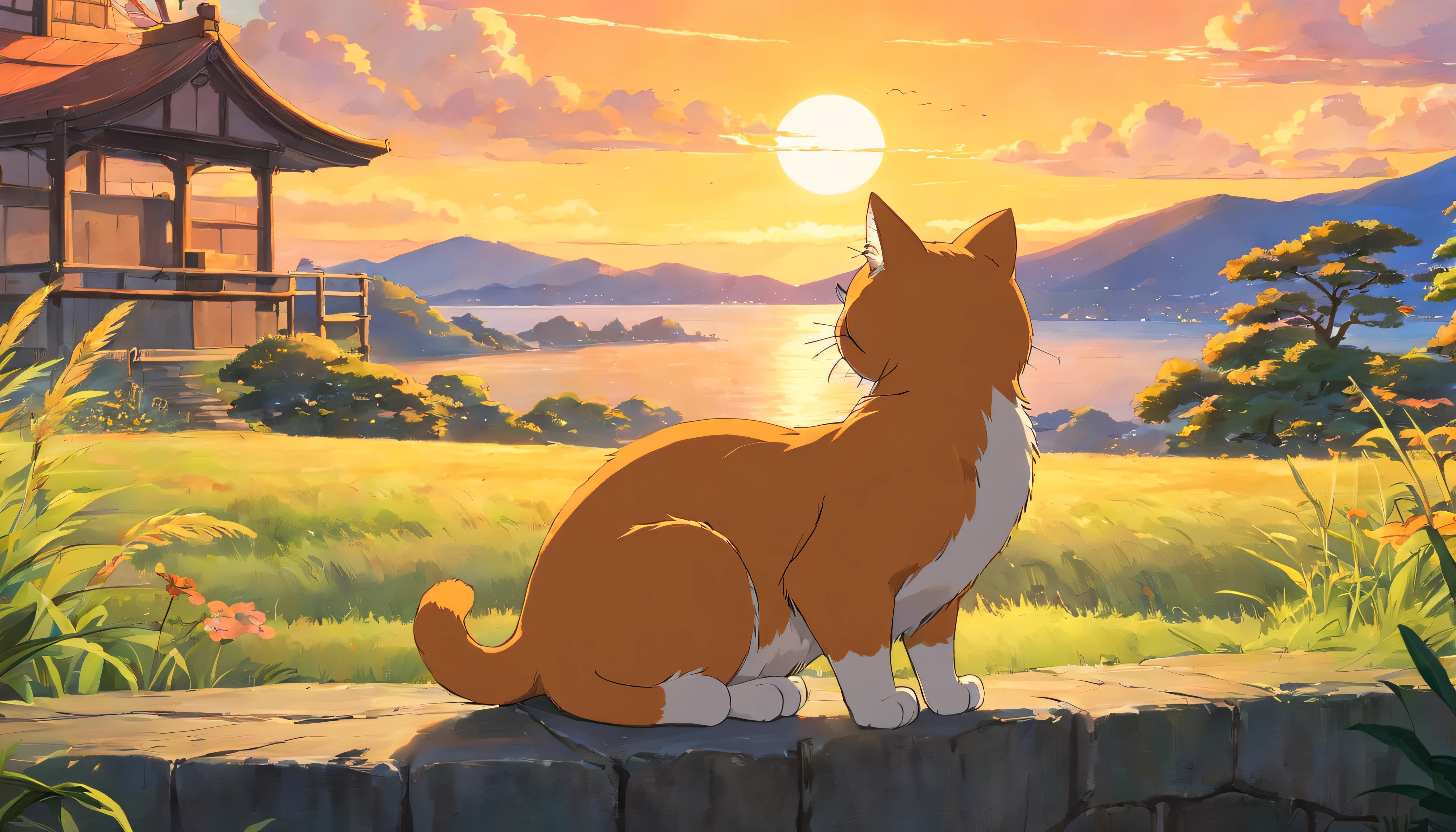 The orange cat sits and quietly watches the sunset