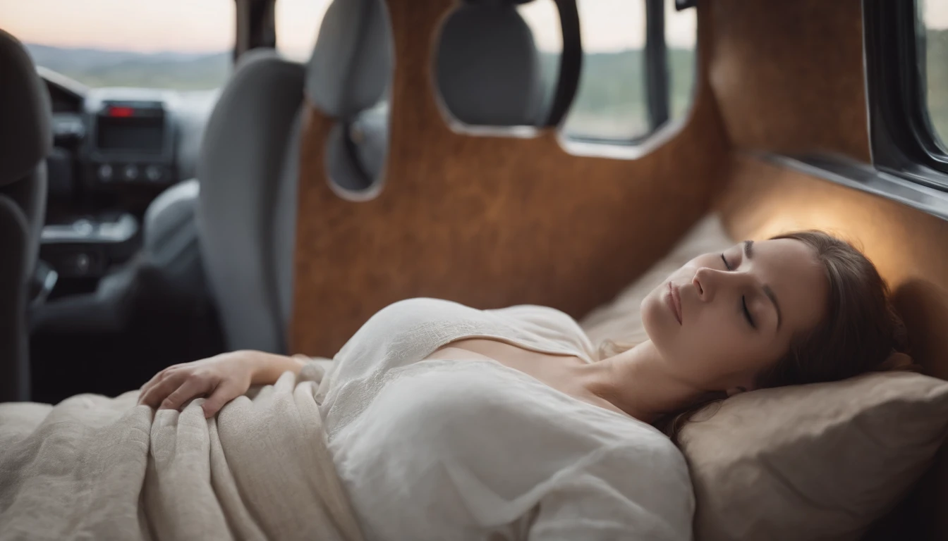 Minibus interior, woman sleeping in a cozy bed, woman sleeping in the interior of a minibus, pillows, blanket, large windows, transparent ceiling, night, dramatic light, late night , super detail, ccurate, best quality, super detail, anatomically correct, super detail, super detail, high quality, anatomically correct, super detail, high details, high quality, highres, woman sleeping