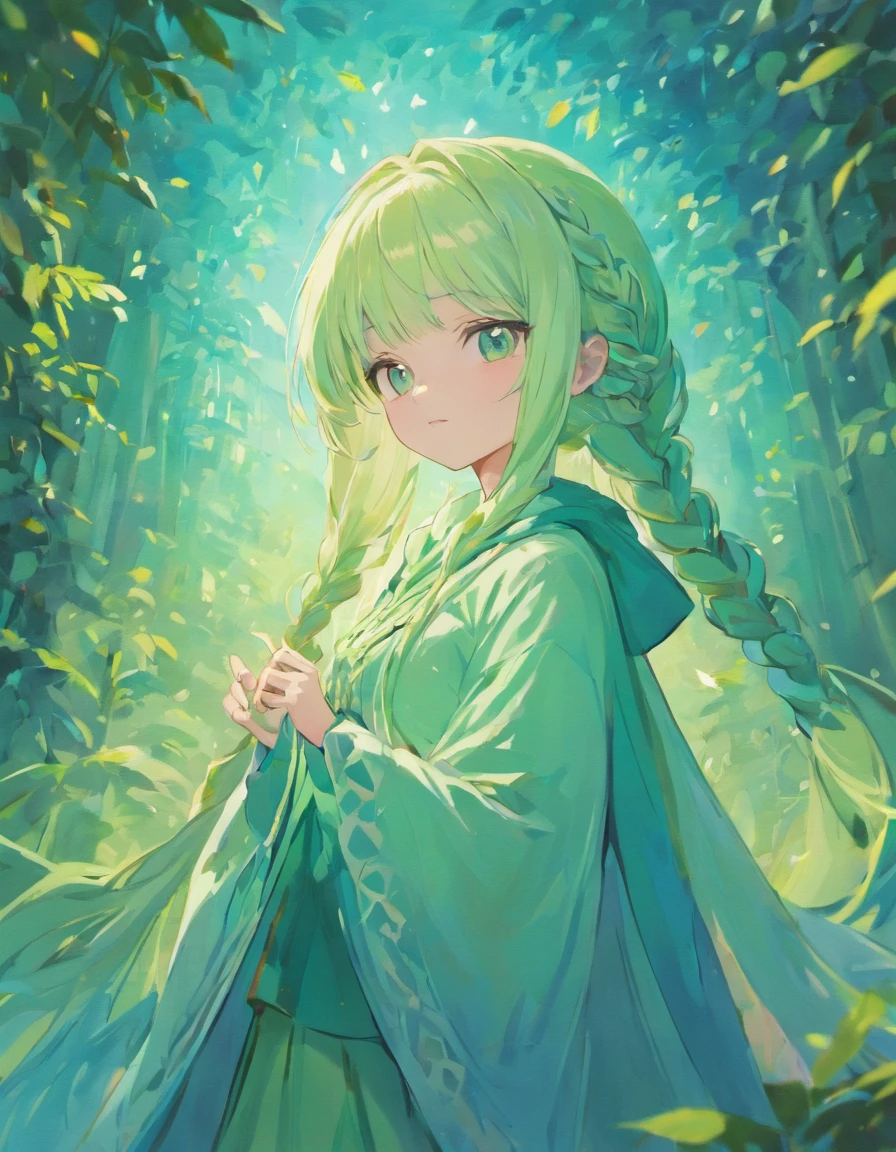 White color hair,Two braids,Girl child,Blue shawl,Light green hat,a white long skirt,Holy,chies,Living,earth,A plant,maternal
