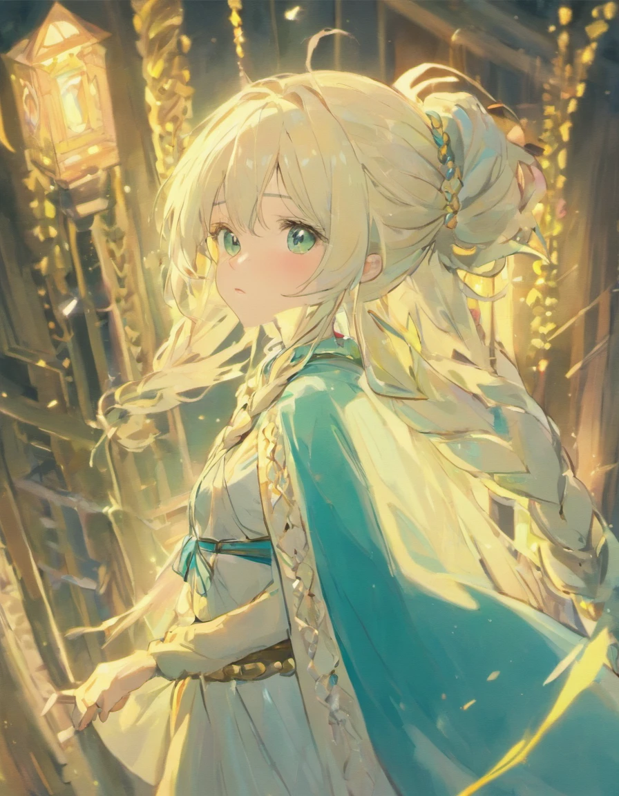 White color hair，Two braids，，Blue shawl，Light green hat，a white long skirt，Holy，chies，Living，earth，A plant，maternal