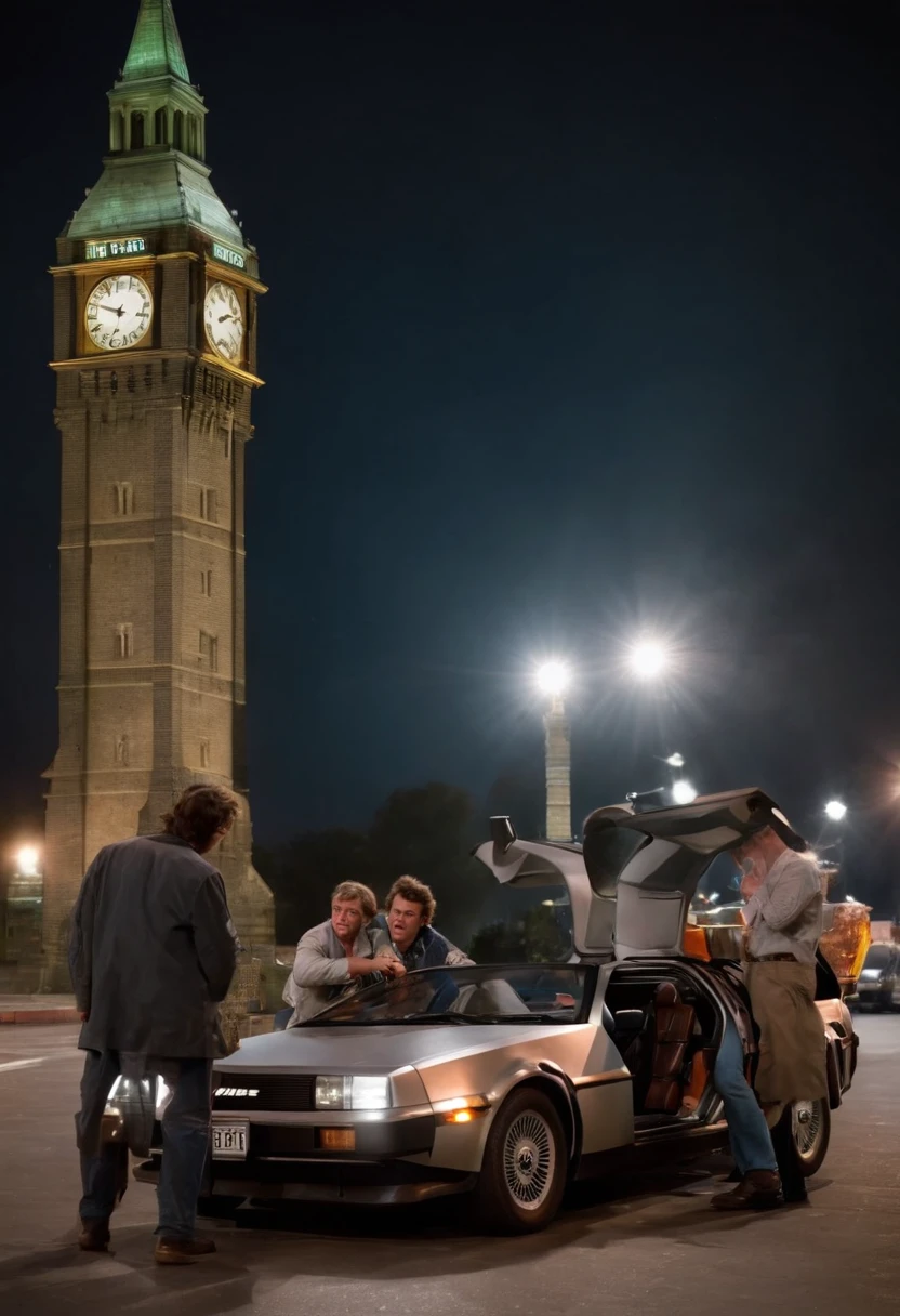 capa da resvista time com ermet broe, Mart McFly and the Deloren from the movie Back to the Future in front of the tower clock with the headline Time is relative