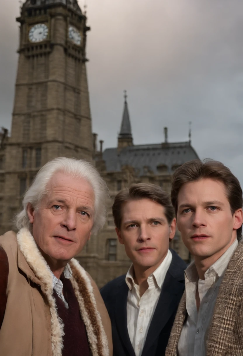 capa da resvista time com ermet broe, Mart McFly and the Deloren from the movie Back to the Future in front of the tower clock with the headline Time is relative
