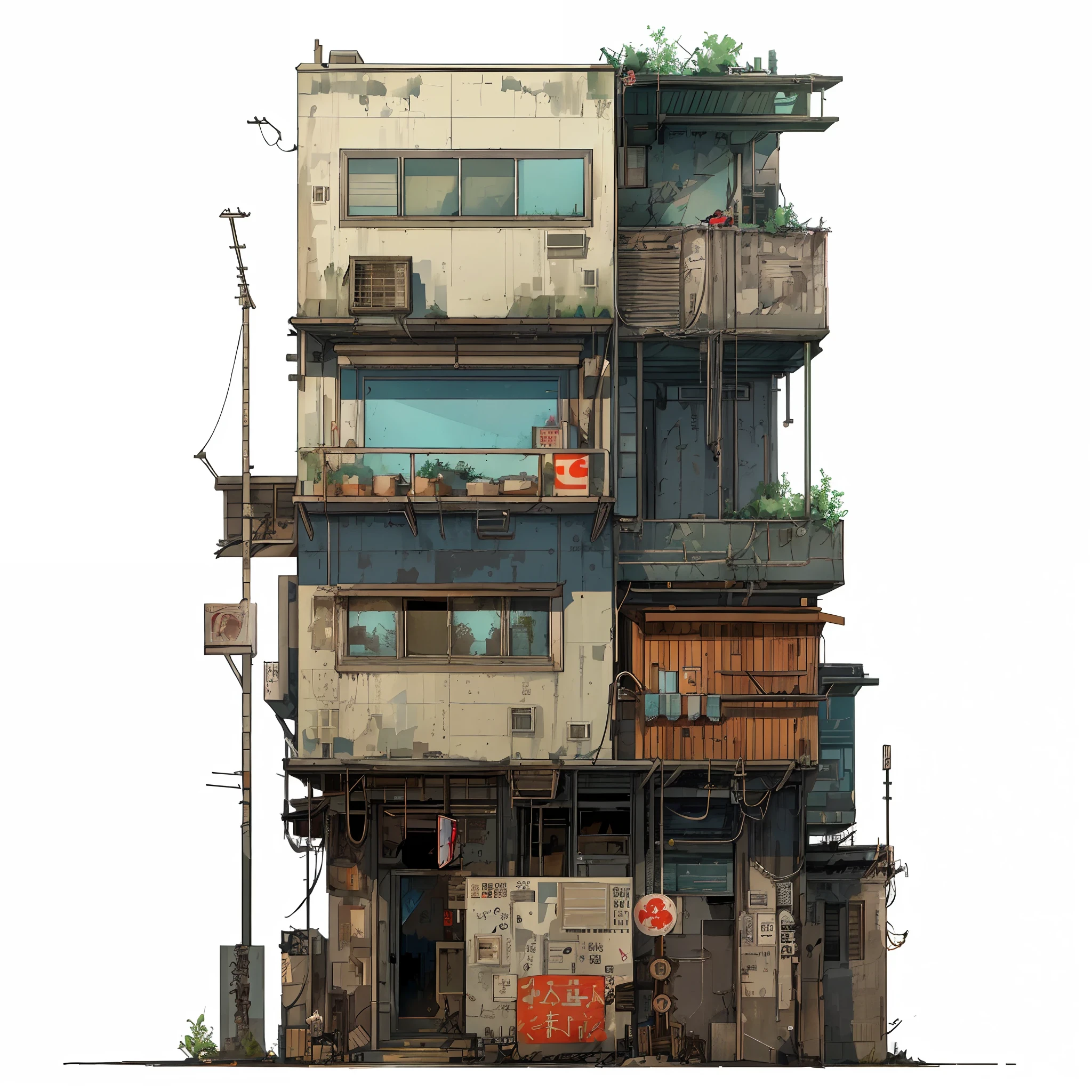 there is a tall building with a lot of windows and a balcony, urban concept art, beautifuly lit, by senior environment artist, by Makoto Shinkai, set in post apocalyptic tokyo, post apocalyptic tokyo, post apocalyptic city building, post apocalyptic building, post grunge concept art, ultra detailed concept art, cyberpunk building (white background, empty background)