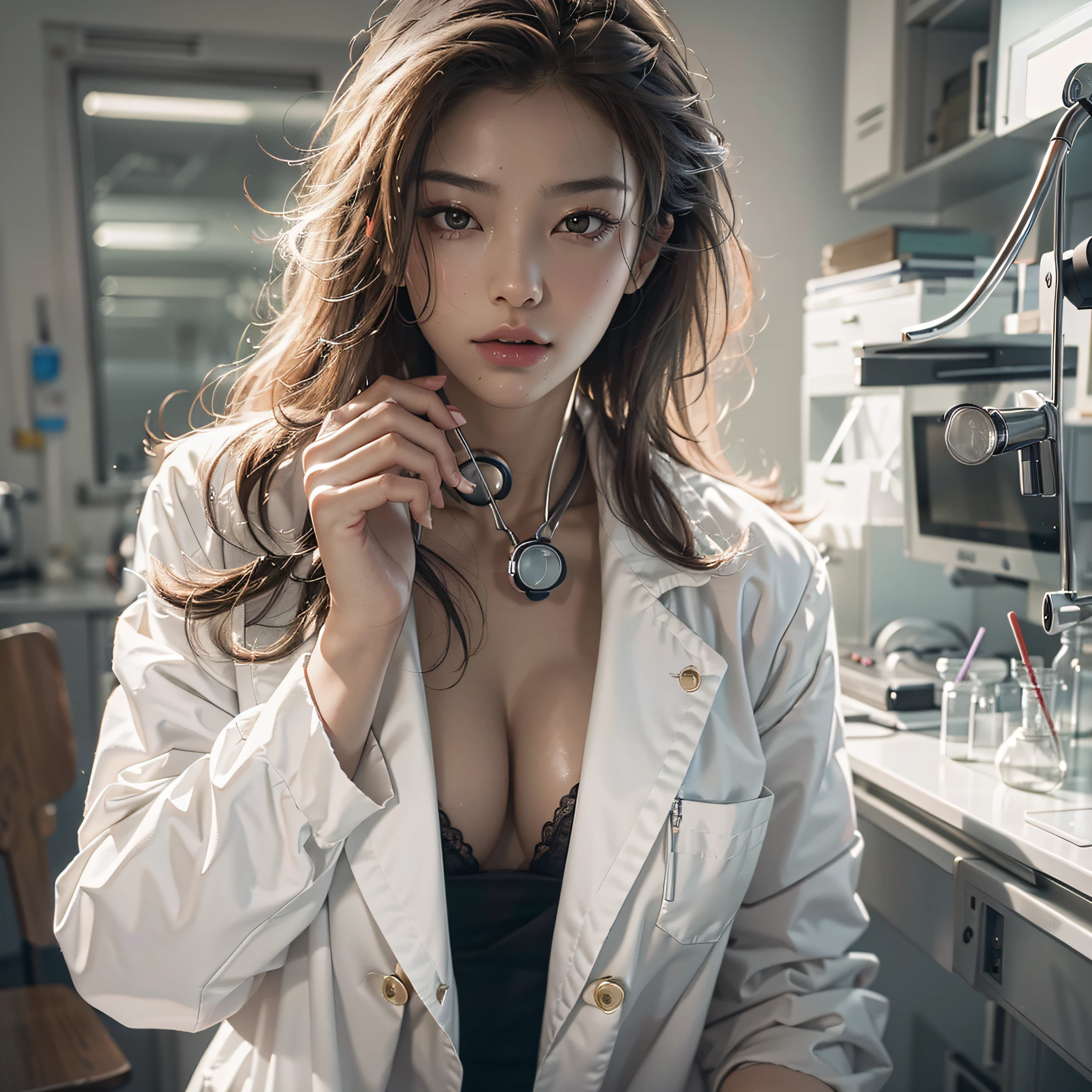 NSFW，Masterpiece, RAW photo，photorealism，high resolution，best quality，high definition, perfect composition, perfect face, perfect body, 32K,Cinematic lighting，Large legs open on the examination table，Secured with restraints，Sexy Female Doctor，Wear only a white coat，(Naked in a lab coat)，Solo，stethoscope，Increased exposure，Navel，No underwear，Sensual milf,drooling，scalpel，