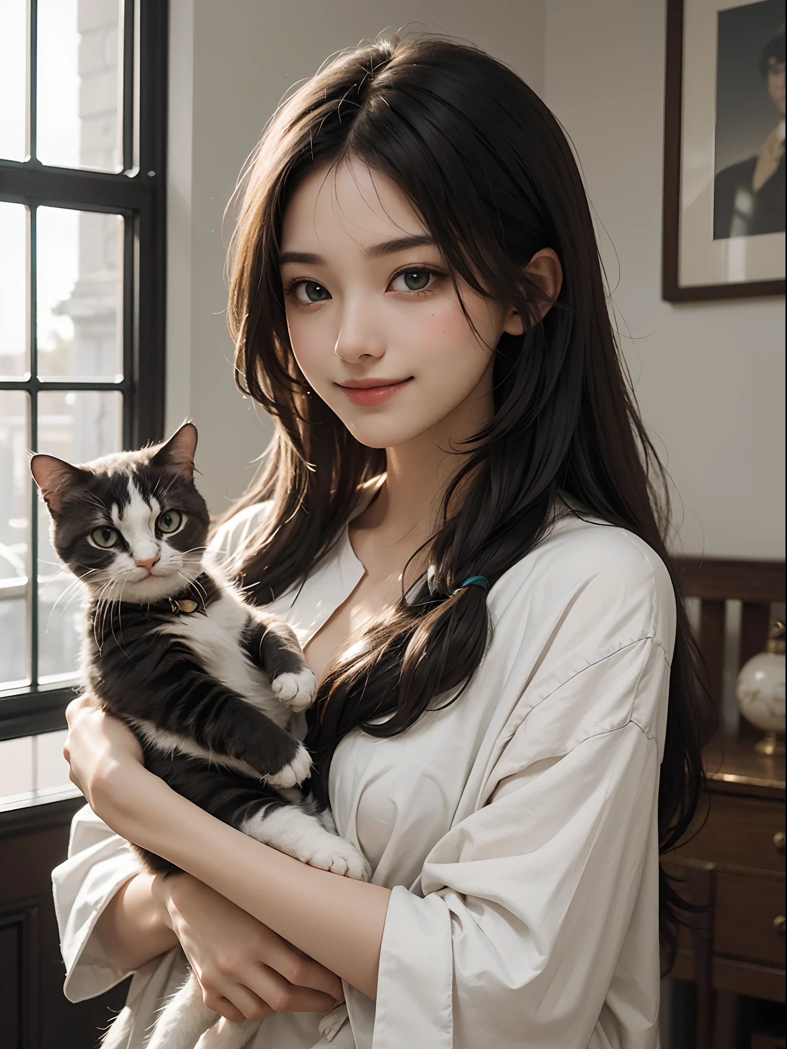 A girlfriend, Draped hair, loose home wear, The house is small fresh design style, (a plant:0.8), Fashionable, extreme detail, comfort and lovely welcoming smile, (hold a cat in her arms), glamour body, mood lighting,