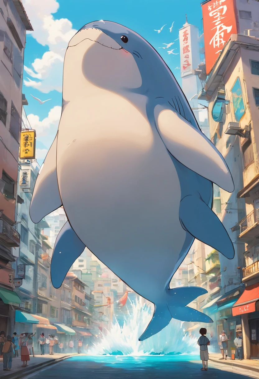 A photographer with an obese belly, He's bald, com idade de 50 anos, photographing a flying whale in downtown São Paulo