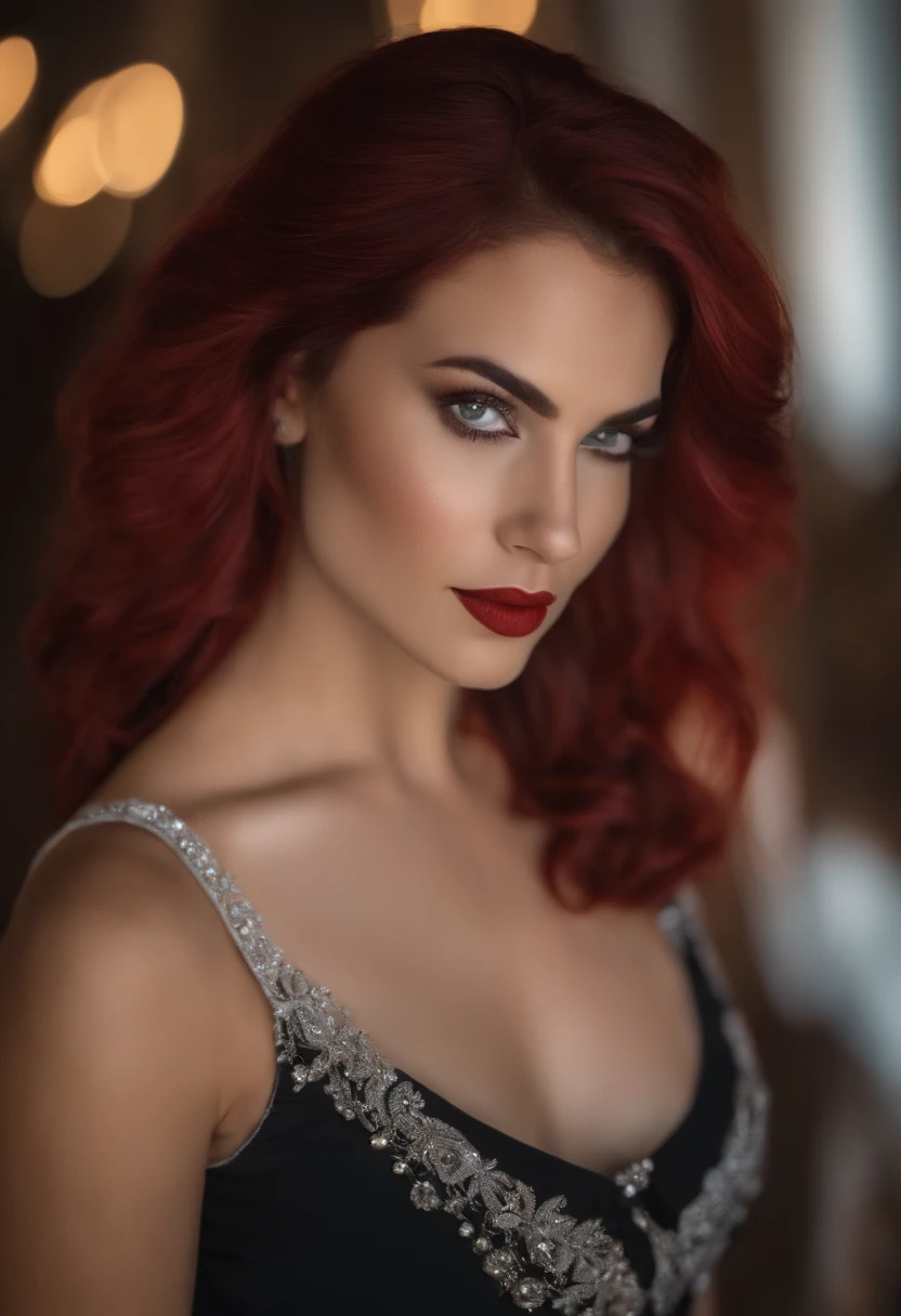 photo of megan fox, beautiful woman hair upsweep, red head, (full body:1.3), sexy figure, (big boobs:1.3), nightclub,(laced stockings),(masterpiece) (best quality) (detailed) (8k) (HDR) (wallpaper) (cinematic lighting) (sharp focus) (intricate)