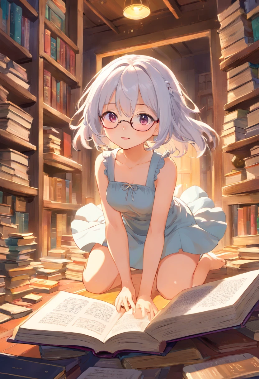 Cute ,Barefoot,Tummy down,head looking up,Raise your feet,shift dresses,white panties,largeeyes,Anime cute face,looking at book,white hair, glasses, Wet da