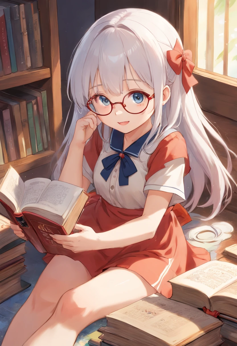 Cute loli，Barefoot，Tummy down，head looking up，Raise your feet，shift dresses，white panties，largeeyes，Anime cute face，looking at book，white hair, glasses, Wet da