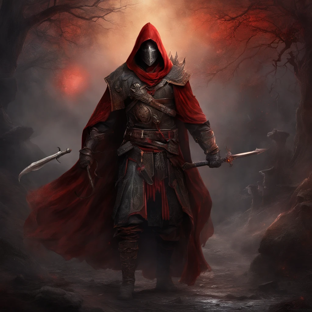(ultra-detailed CG unit 8k wallpaper, Master parts, Best quality, depth of fields, hdr, 复杂), Tall, The sinister Dark Assassin wears a metal mask，Bright red eyes，Light and dark armor，Behind him，He wears a low-key red cloak。，Holding a sharp dagger in his arms，Step into the burning village, (复杂: 1.4) (Master parts: 1.4) (illustration: 1.4), Red studio lighting, Post-processing, 8K resolution, deep dark background, imponent, Well-composed photos, Impressive, dark fantacy (director: greg rutkovsky: 1.2), (darken: 1.5)