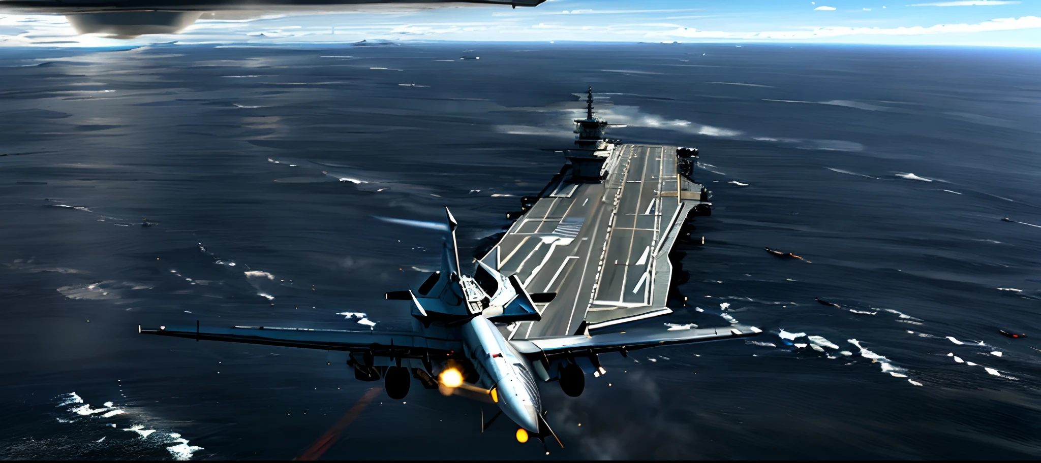 there is a large plane that is flying over a ship, aircraft carrier scene, aircraft carrier, realistic military carrier, dcs world style, military carrier rig, on aircraft carrier, dcs world, acecombat, war thunder game, flying ships in the background, deployed wings, airborne view, strafing attack plane, aerial combat, extremely detailed frontal angle, ingame