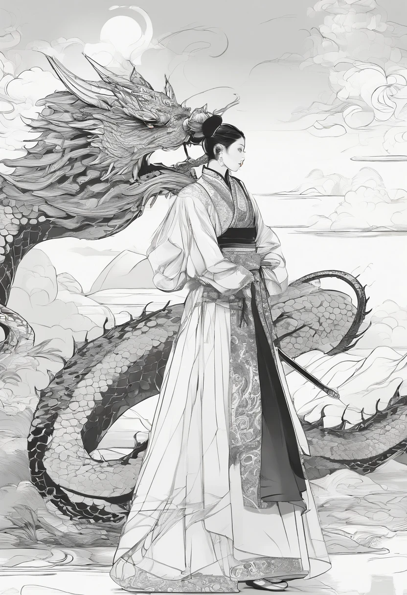 (masterpiece:1.2),1 girl,black hair bun,cold face,ponytail,(front),best quality,letterboxed,illustration,(An eighteen-year-old girl stood in front of the dragon with a sword:1.3),Panoramic view,Whole body,Expose thigh,(Elegant clothes:1.1),(Look from below:1.3),ZHENBANQIAO,BADASHANREN,.