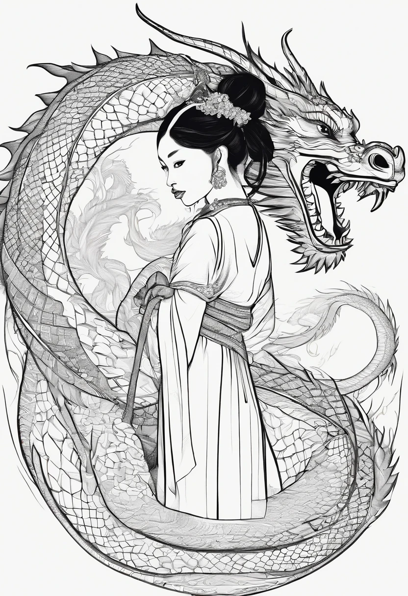 Dragon tattoo design, black and white lines, combining Thai, Japanese, modern era.