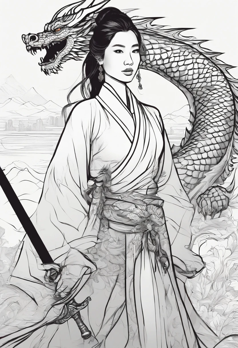 (masterpiece:1.2),1 girl,black hair bun,cold face,ponytail,(front),best quality,letterboxed,illustration,(An eighteen-year-old girl stood in front of the dragon with a sword:1.3),Panoramic view,Whole body,Expose thigh,(Elegant clothes:1.1),(Look from below:1.3),ZHENBANQIAO,BADASHANREN,.