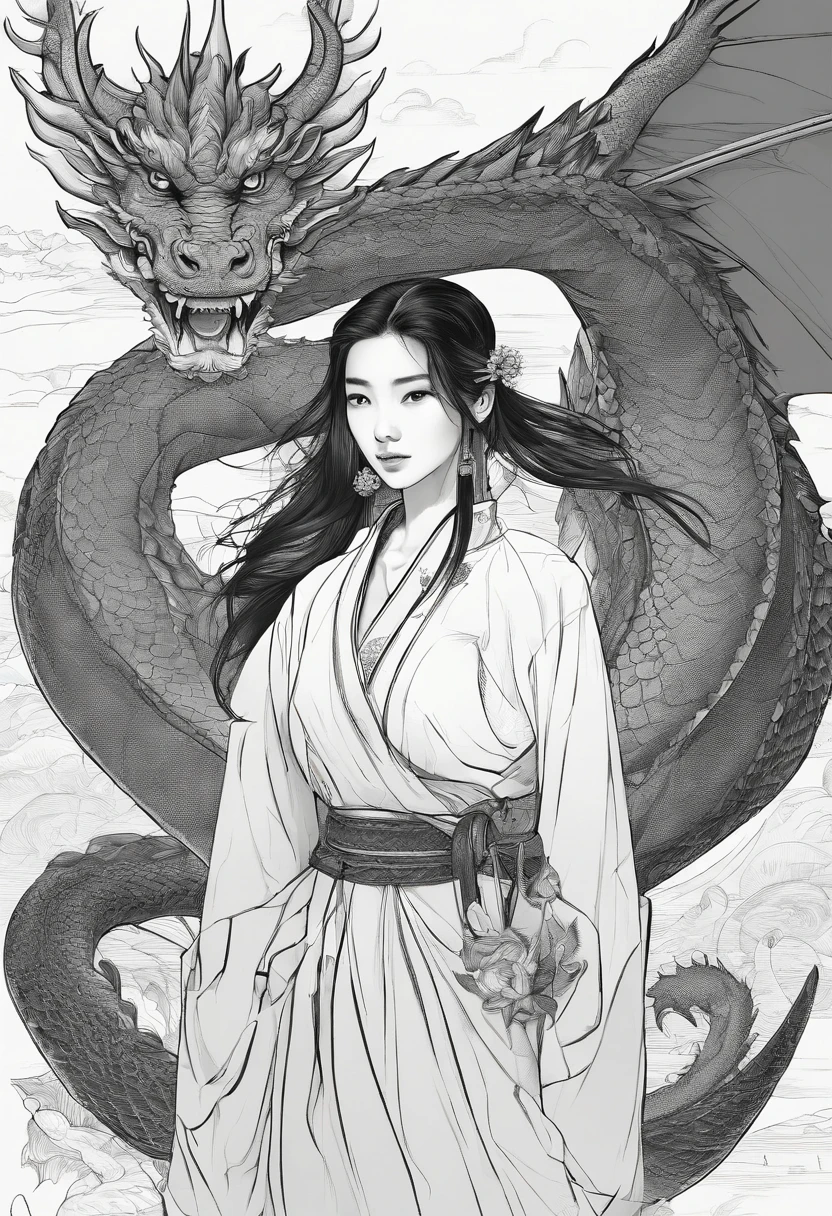 (masterpiece:1.2),1 girl,black hair bun,cold face,ponytail,(front),best quality,letterboxed,illustration,(An eighteen-year-old girl stood in front of the dragon with a sword:1.3),Panoramic view,Whole body,Expose thigh,(Elegant clothes:1.1),(Look from below:1.3),ZHENBANQIAO,BADASHANREN,.