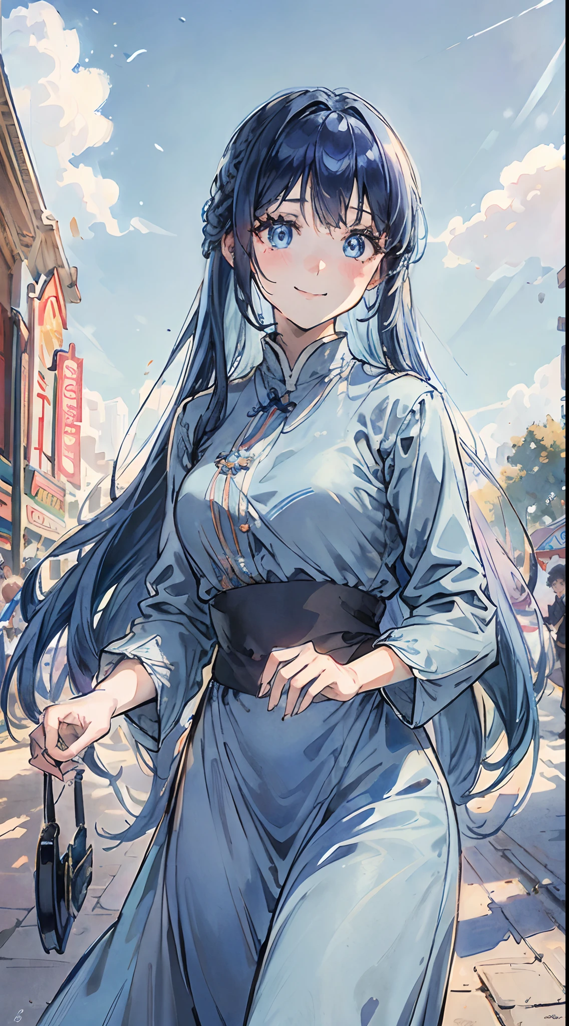 (High resolution, ultra-detailliert), 1 pretty girl, Solo, Long light blue hair,Highly detailed blue eyes, (An amusement park), kindly smile、Dynamism,blue-sky、Sunlight,Long-sleeved autumn dress