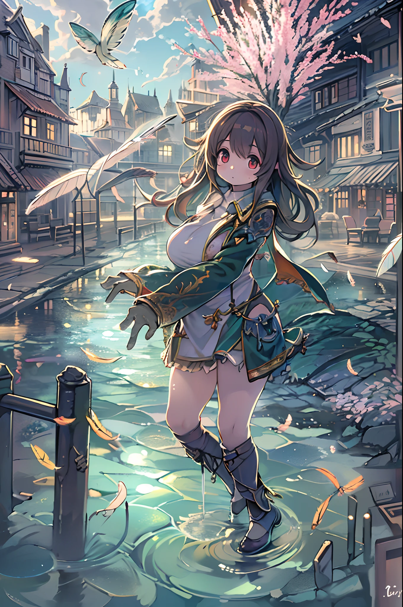 absurderes, hight resolution,, (1girl in, Solo), Big eyes,, townscape,, (Water Effects, Light Effects, fluttering feathers:1.2),