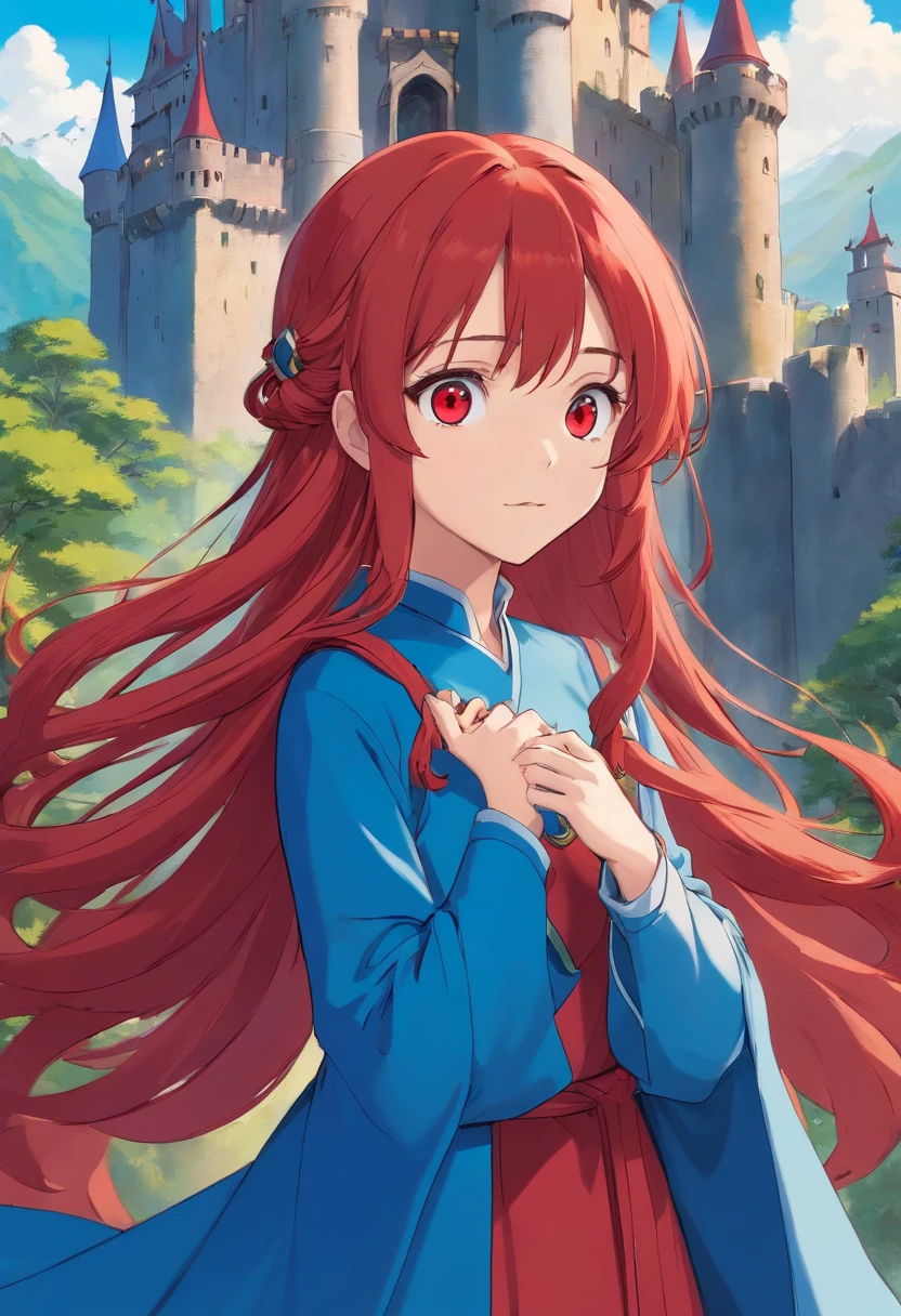 red color eyes,Red long-haired,magia,Castle fantasy,blue clothes, Ultra photo realsisim, Castle,hair adornments