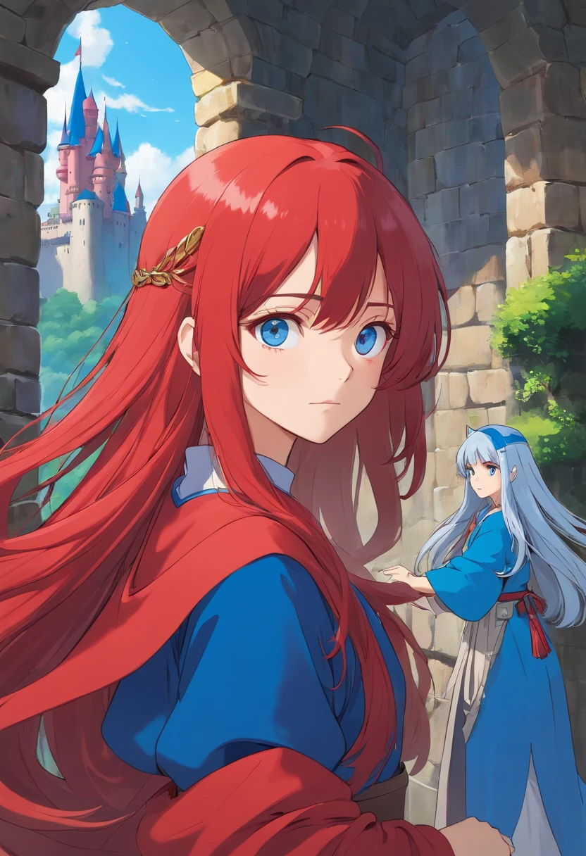 red color eyes，Red long-haired，magia，Castle fantasy，blue clothes, Ultra photo realsisim, Castle，hair adornments