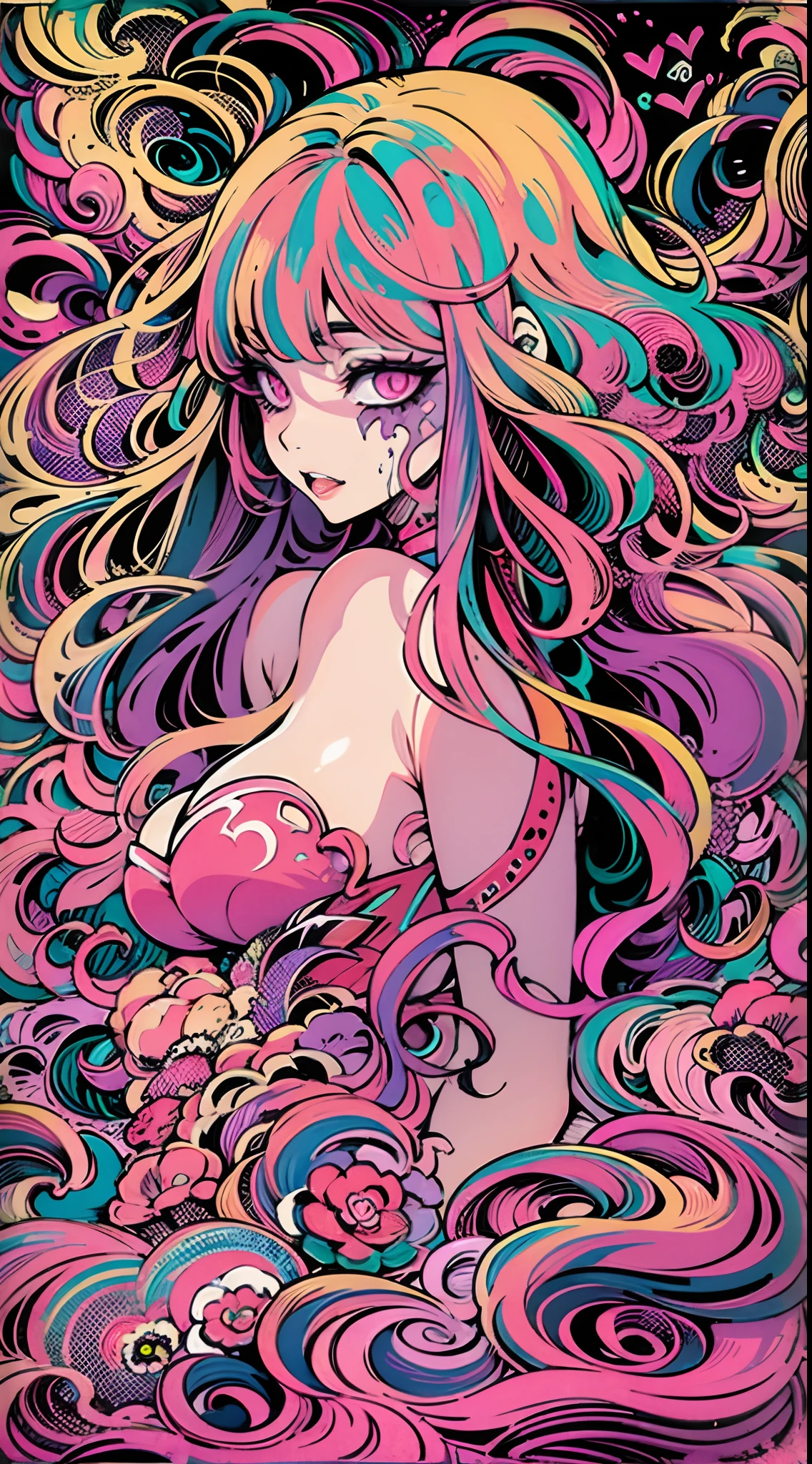 Seductive psychedelic horror, Trippy Hentai, body horror, having sex, real breasts, surreal Sex, LSD trip, sensual, psychedelic sex, provocative, colorful, glowing