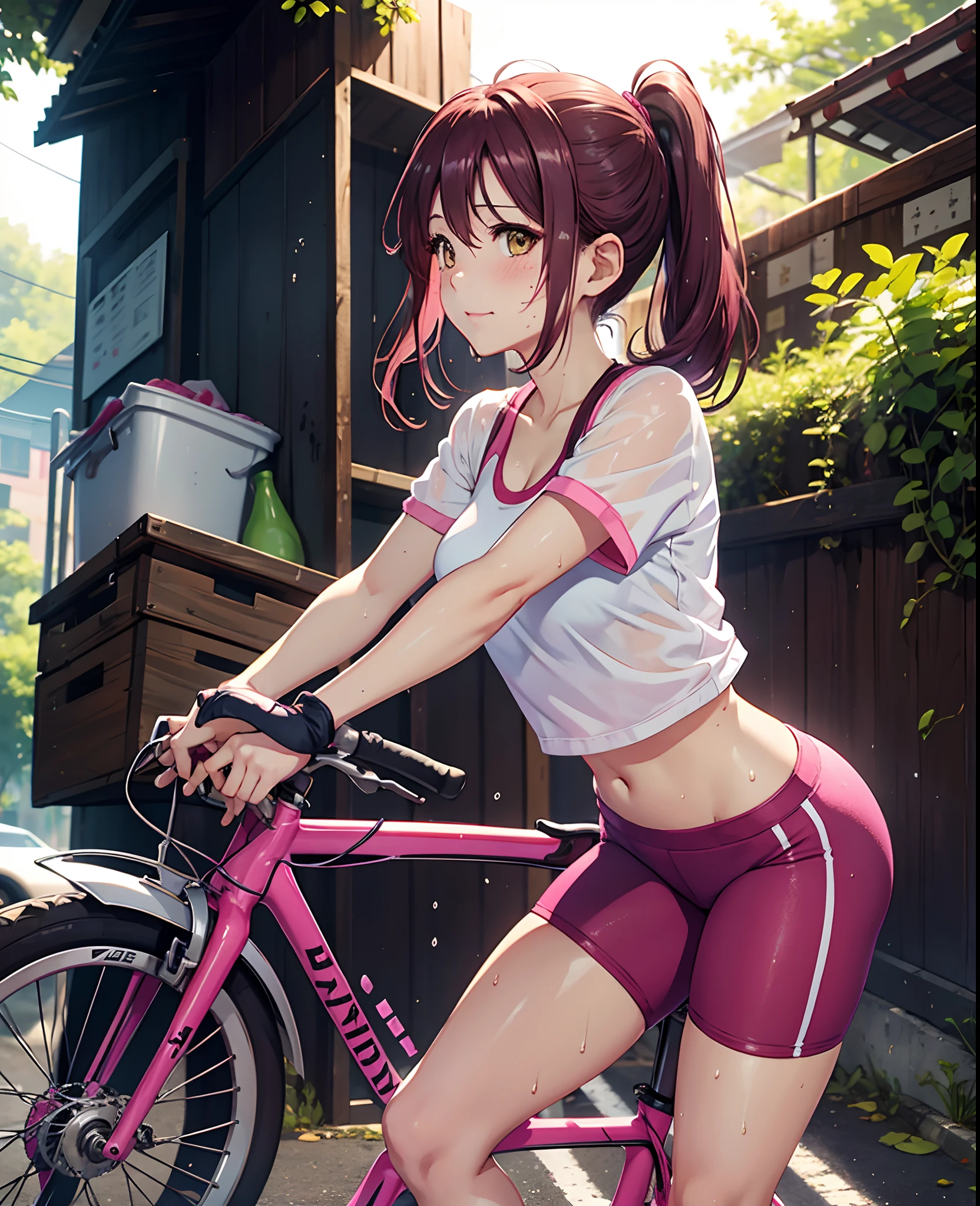 Sakurauchi riko, pink skinny sweet pants, tight gym bra, sweating,sweat drops ,  (cleavage:0.7),unstyled hair,wet hair,yellow eyes,thicc legs, slightly smile,girl riding a bike with a basket full of items