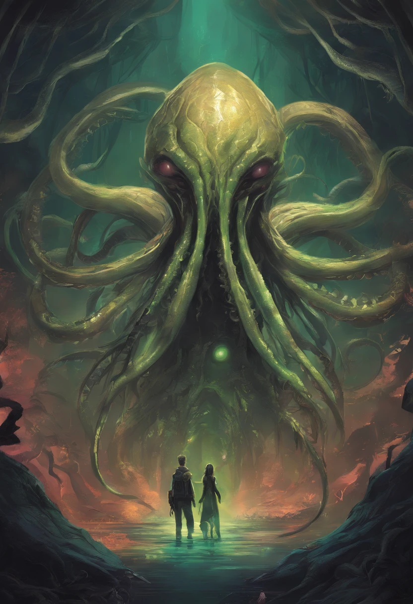 cthulhu with indescribable terror, in an vibrant colored enchanted wonderland, magical, whimsical, fantasy art concept, steampunk, intricate details, best quality, masterpiece, ultra sharp, yellow theme background,