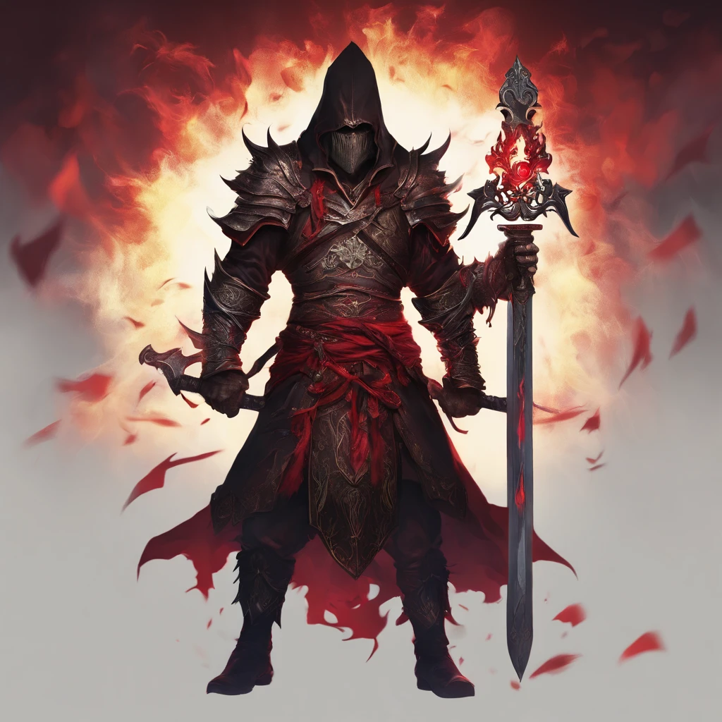 (ultra-detailed CG unit 8k wallpaper, Master parts, Best quality, depth of fields, hdr, 复杂), Tall, The sinister Dark Assassin wears a metal mask,Bright red eyes,Light and dark armor,Behind him,He wears a low-key red cloak。,Holding a sharp dagger in his arms,Step into the burning village, (复杂: 1.4) (Master parts: 1.4) (illustration: 1.4), Red studio lighting, Post-processing, 8K resolution, deep dark background, imponent, Well-composed photos, Impressive, dark fantacy (director: greg rutkovsky: 1.2), (darken: 1.5)