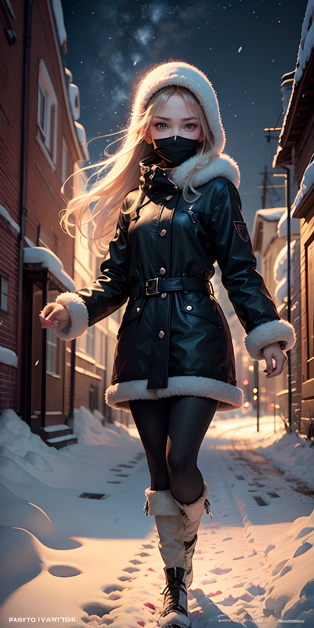 Disney Pixar Posters Movie with girl wearing black mask in Russia in the snow at night with white long hair, title: Girl in russian.