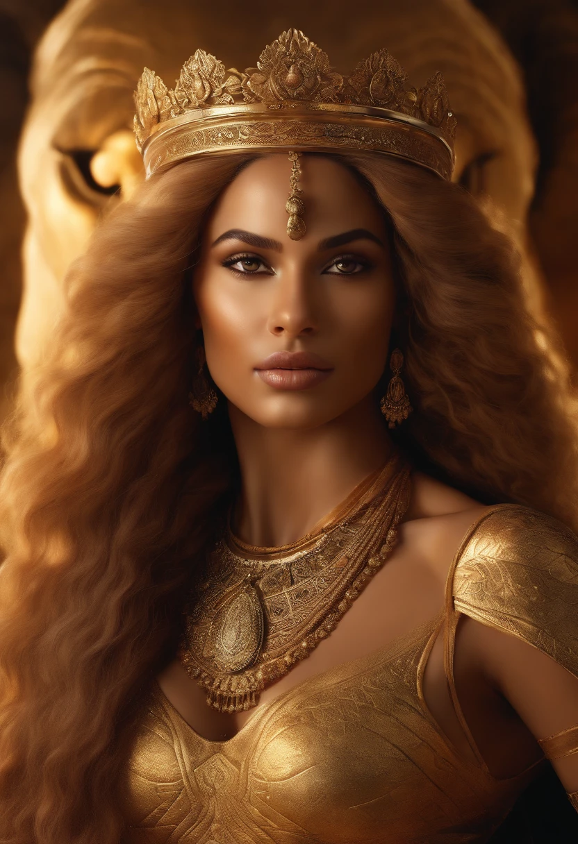 (a girl with a lioness face, Sekhmet)
(best quality,4k,8k,highres,masterpiece:1.2),ultra-detailed,(realistic,photorealistic,photo-realistic:1.37),portraits,(vibrant colors,brilliant colors),studio lighting,fierce gaze,sharp focus,enchanted atmosphere,ancient Egyptian goddess,flowing golden locks,powerful presence,wisdom etched on her face,roaring lioness within her,(golden eyes,intense eyes),(majestic crown,headdress),divine makeup, (elegant dress,flowing garment) symbolizing strength and royalty,embodiment of power and courage,regal posture in a mystical garden,floral motifs surrounding her,shielding aura,unbreakable spirit,honoring the fierce and compassionate goddess Sekhmet.