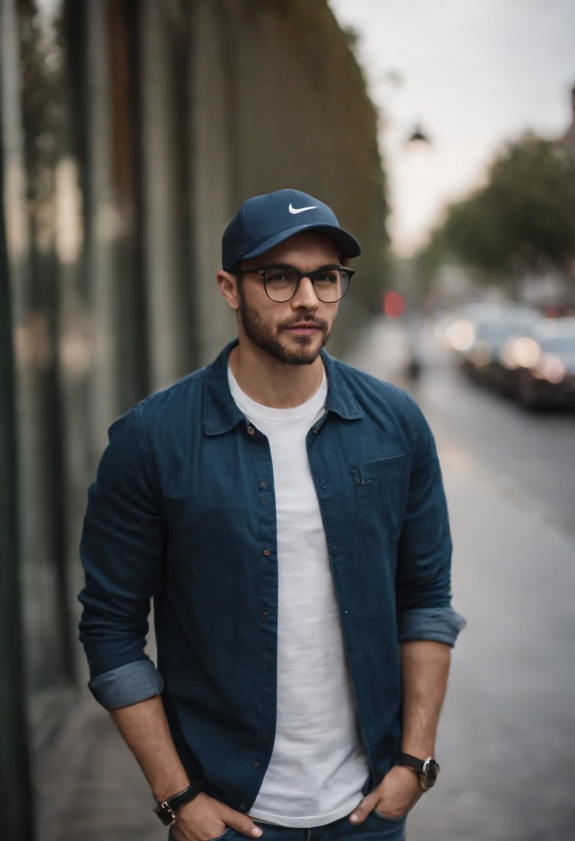 Crie a imagem de um homem de 30 anos, wearing a cap and with a little beard, Prescription glasses with dark blue frame, camiseta preta lisa, Nike jeans and sneakers. Esse homem sou eu. As a background, use a site.