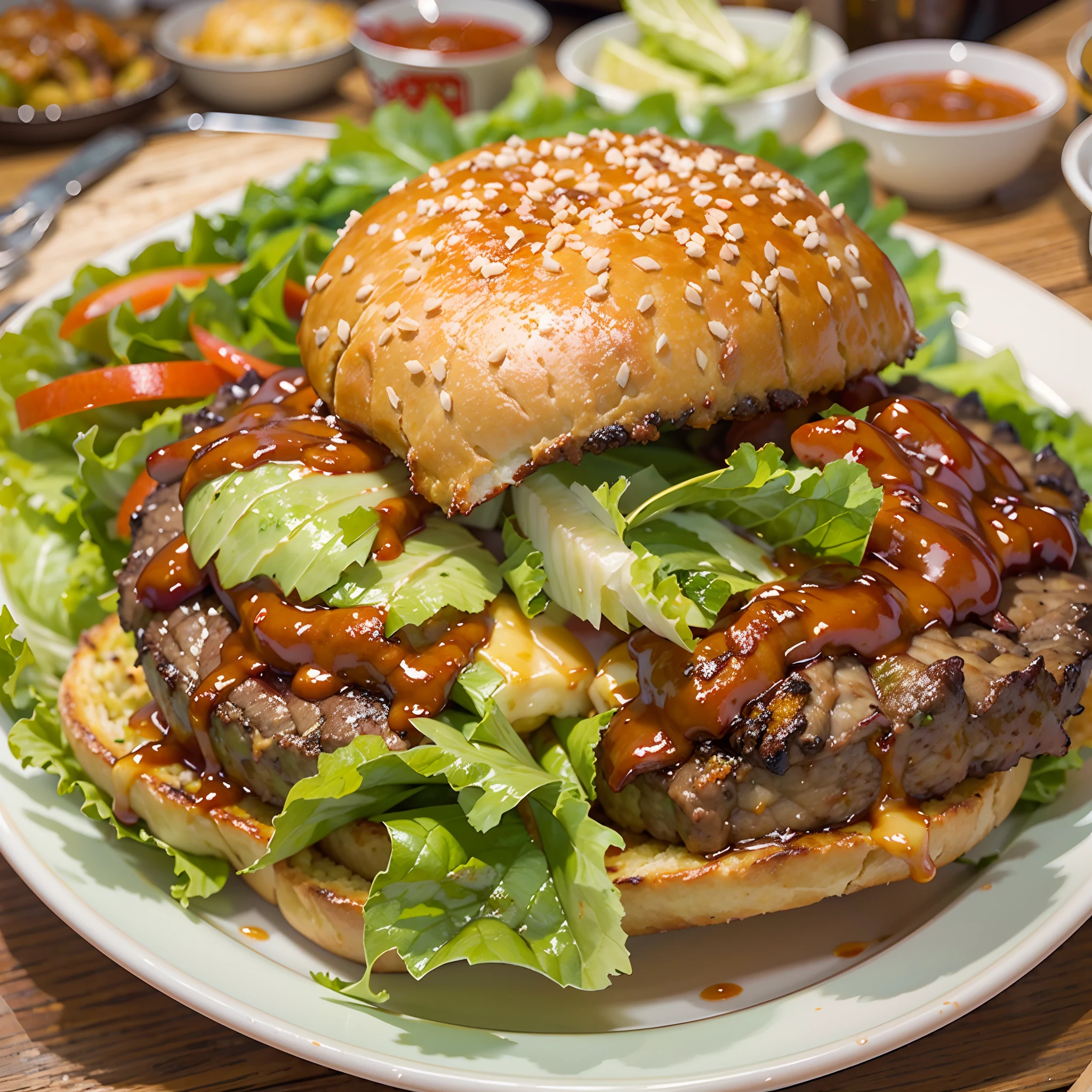 The beauty is covered in sauce,Covered with huge fatty beef and lettuce,Place two slices of hamburger bun in the middle,Lying on a huge dinner plate。