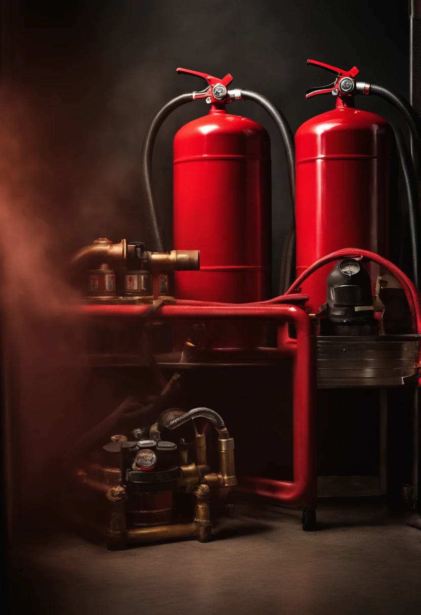 Fire extinguishers next to a fire hose, with an Engineer performing an inspection