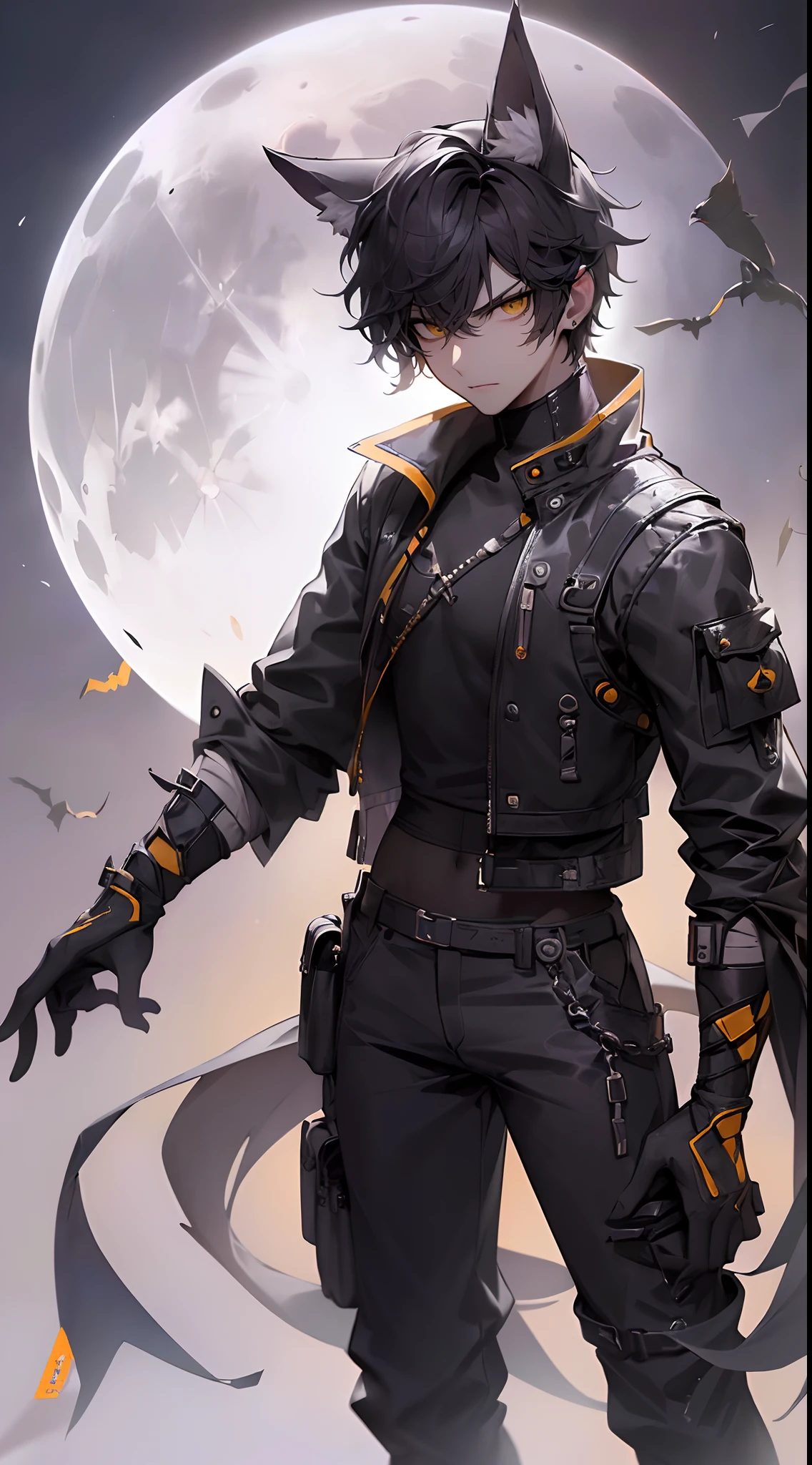 (4K works))、​masterpiece、(top-quality)、((Full moon and crow isolated on black background))、((Horror background))、Korean Male、Adult male、((Adult 26 years old))、((Adult older brother))、((werewolf man))、((The Man with Wolf Ears))、((Face similar to Hyun Jin))、Cool Men、tall、((Glaring expression))、((Strong eyes))、((Black cool werewolf fashion))、((Long sleeve long trouser style))、((smaller face))、Slim body、((hooligan))、((Black short-haired))、((Yellow eyes))、((shot from front))、((Shot alone))、((Solo Photography))、Professional Photos、((Focus zoom in))、((Upper body photography))、((Face enhancement))、Wolf's Pose、((Halloween Photos))、Horror Pictures、((Werewolf costume))