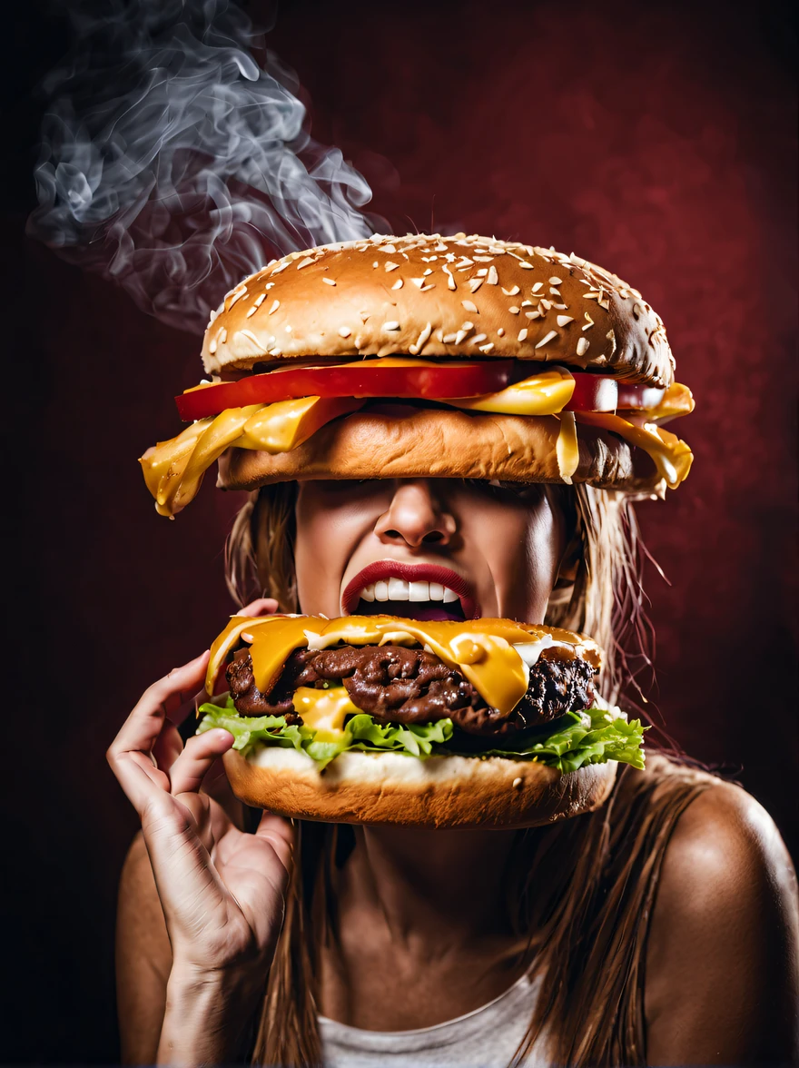 （Close up of big mouth white girl eating Big Mac burger）， （Open your red mouth：1.2），Dark background, quality photo, studio photo, (Lots of smoke and heat：1.2),，Manifestations of overeating，Exaggerated expressions，