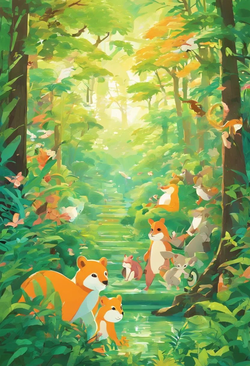 Play scene in the forest:The picture shows a lush forest,Tall trees and sunlight shine through the leaves,The animals are playing,Some are chasing and playing,Some are observing the monkeys' performances。