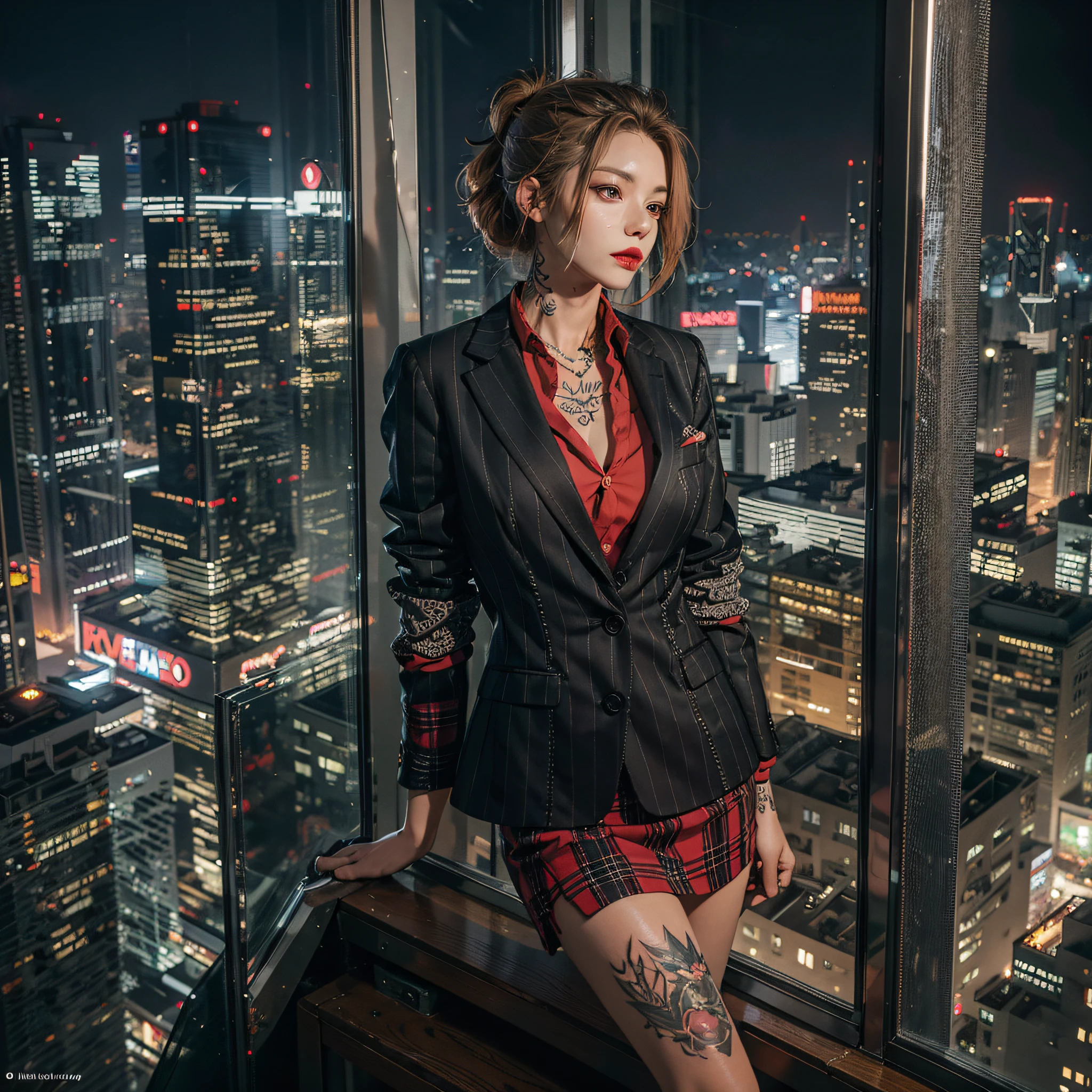 masutepiece, Raw photo,Photorealism,High resolution,Best Quality,High Definition, Perfect composition, Perfect face, Perfect body, 32K,Cinematic lighting,femele, Office Suits, skirt by the,Exposed,Body covered with tattoos, Red Lipstick,dishevled hair,No Underwear,The top of the skyscraper, Window reflection, nightcity, Cluttered office,