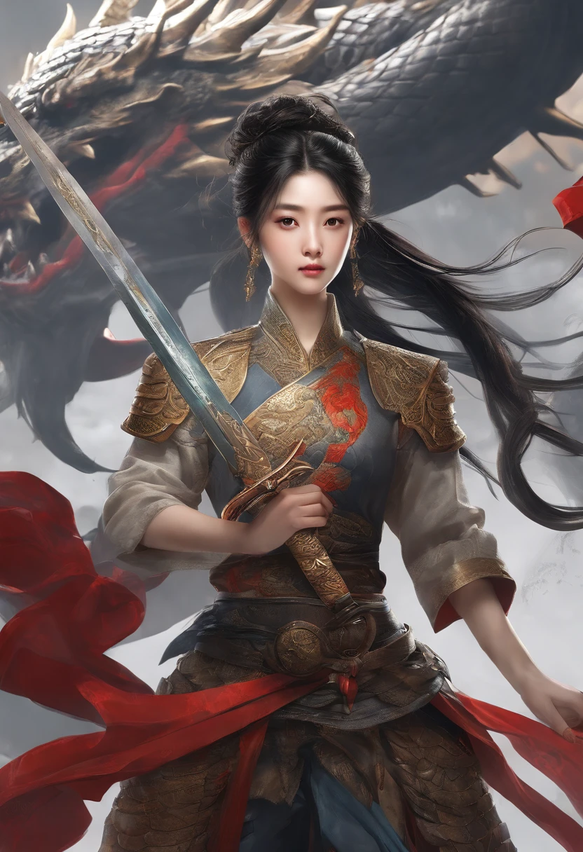 {A semi-realistic Chinese ink painting of a fierce and elegant female warrior with the face of Fan Bingbing. She has extremely long hair flowing in the wind and is dressed in a flowing, long red warrior attire with intricate gold patterns that extends to the edge of the world. She holds a beautifully crafted sword. The background features a dramatic and mystical landscape with red and gold tones, created with traditional ink wash techniques. Her expression is intense and determined, capturing the spirit of a skilled warrior. The wide-angle composition showcases the vast, flowing expanse of her dress and hair, emphasizing the elegance and strength of the female warrior. --ar 16:9 --stylize 750 --v 6}