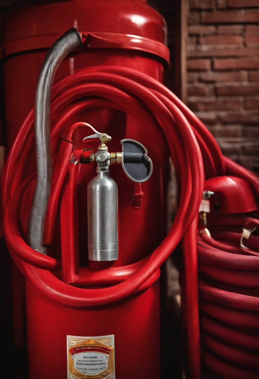 RAW photo, a naked woman holding a fire extinguisher, (modest_muff), house on fire in the background, 8k uhd, dslr, soft lighting, high quality, film grain, Fujifilm XT3 <lora:modest_muff:0.8>