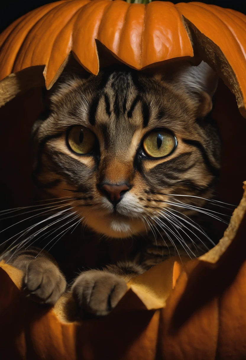 In a photo of an exotic short-haired realistic cat peeking out mysteriously from inside a carved pumpkin、beard is twitching.