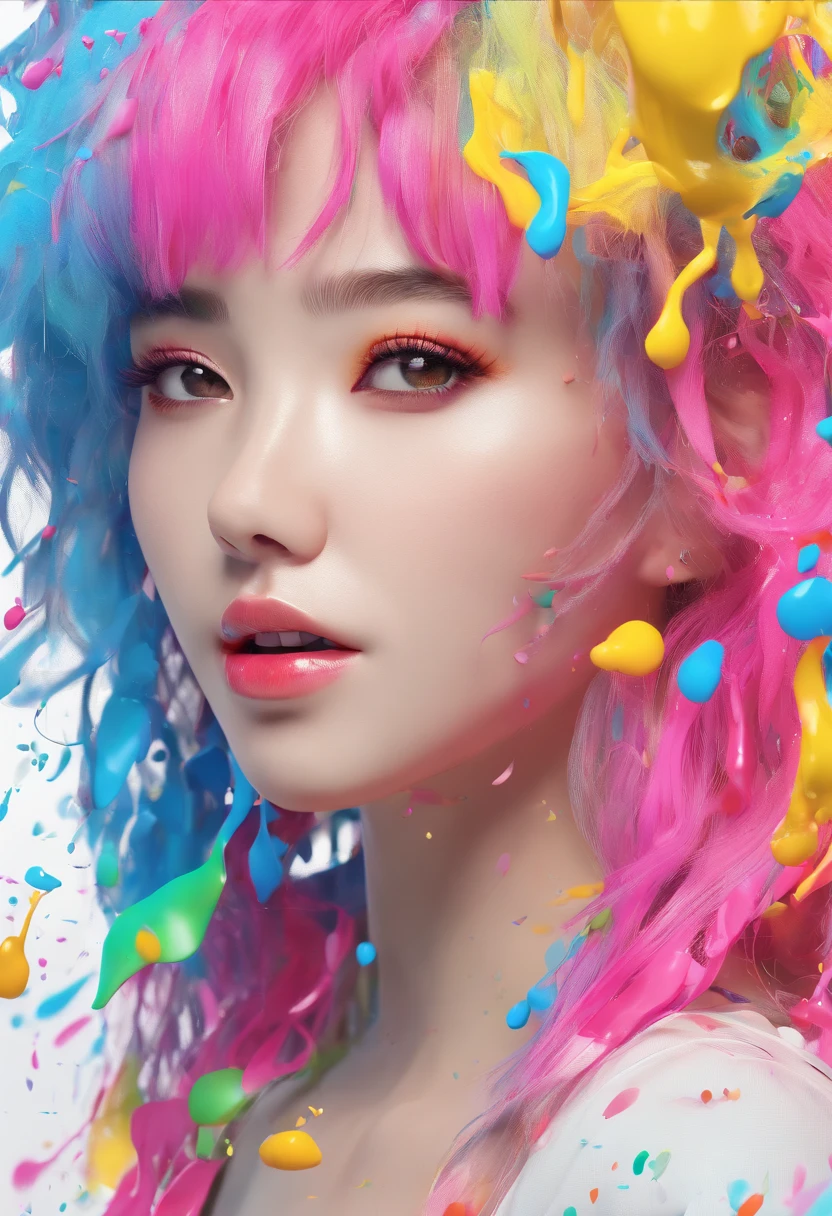(Masterpiece, Best Quality, High Resolution), White Background, ((Paint Splash, Color Splash, Splash of Ink, Color Splash)), Sweet Chinese Girl, Rainbow Hair, Pink Lips, Front, Upper Body