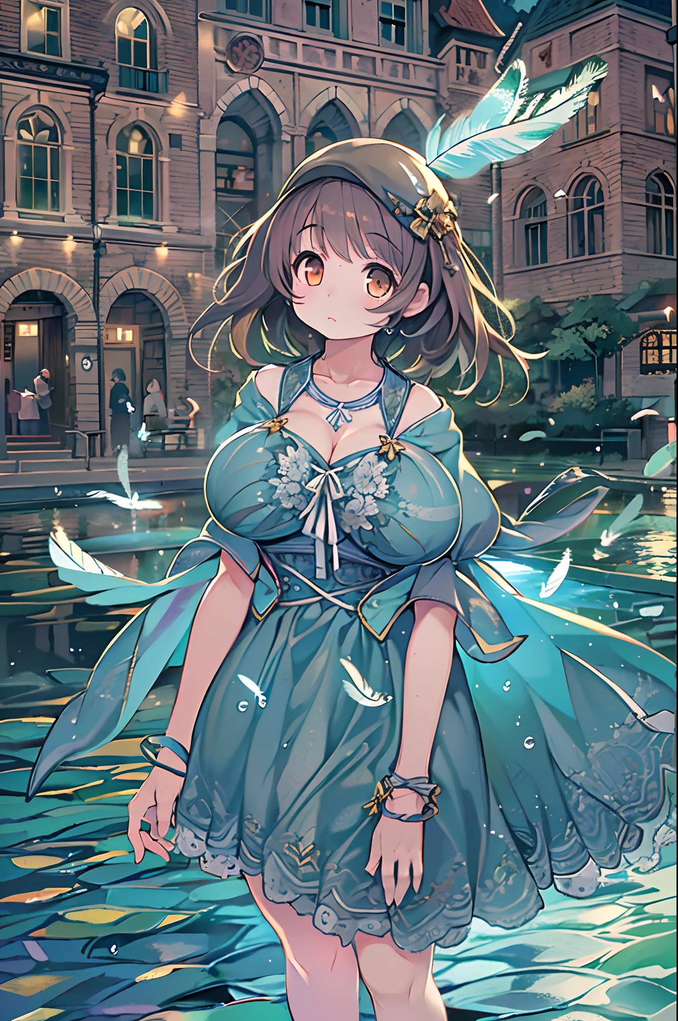 absurderes, hight resolution,, (1girl in, Solo), Big eyes,, townscape,, (Water Effects, Light Effects, fluttering feathers:1.2),bbw