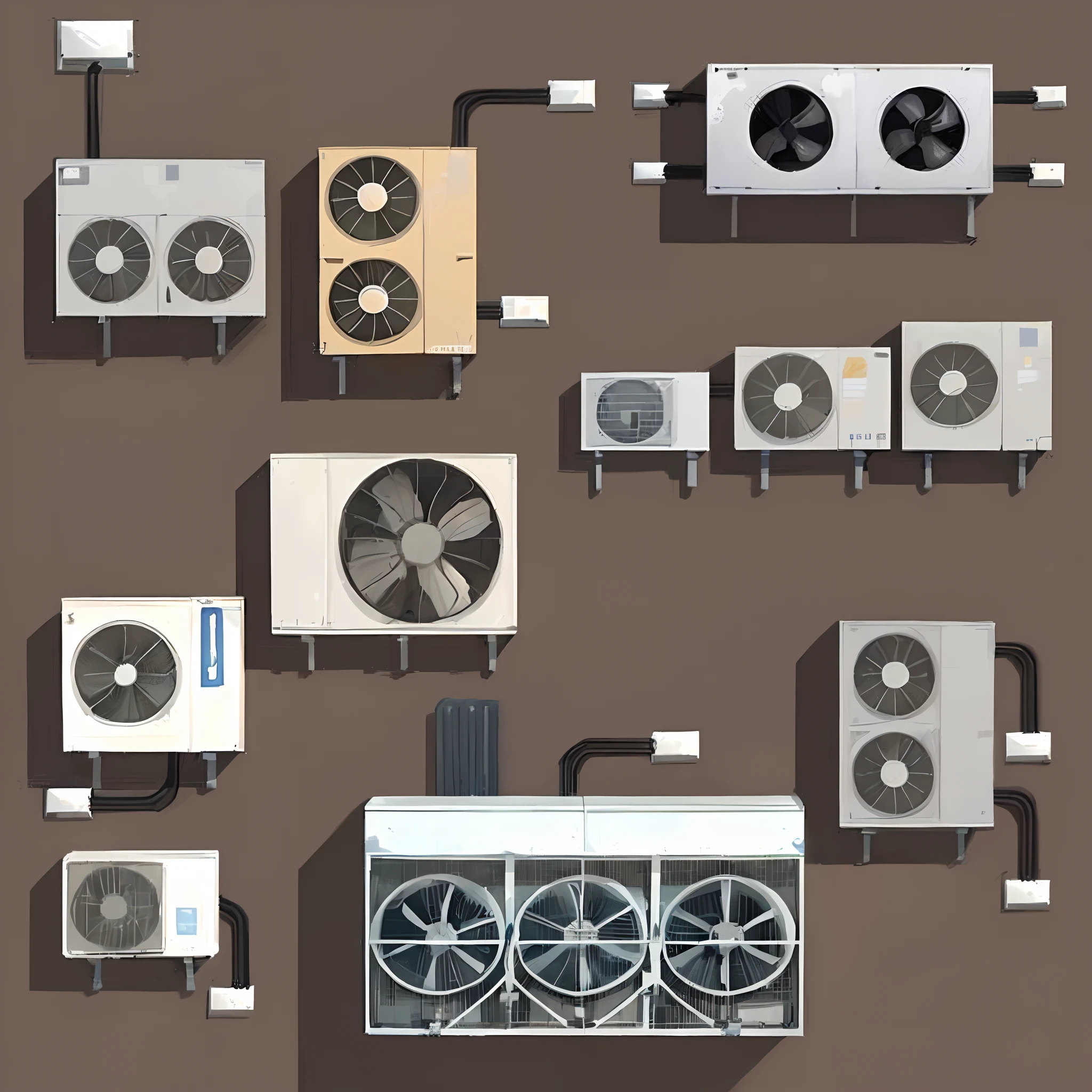 a close up of a group of air conditioning units on a white wall, air conditioner, vents, water-cooled, commercial illustration, cooling, computer generated, by Ivan Generalić, by Ben Zoeller, digital render, fans, by Artur Tarnowski, fans hals, by jeonseok lee, by Dan Christensen, (white background)
